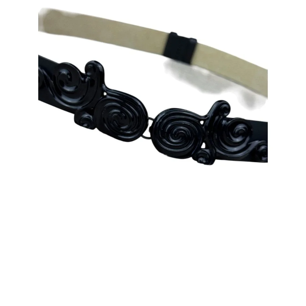 Chico's Black Leather Adjustable Belt M/L Decorative Black Scroll‎ Buckle Boho